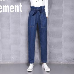 Women Denim Harem Pants Jeans Lace Up Vintage Loose High Waist Boyfriend Plus Size Spring Girls Ankle 210428