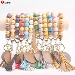 Bracelet keychain wood beaded tassels keychain party favor personalized disc oranament souvenir wristlet key ring women wrist Wcsd