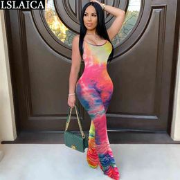 Jumpsuit Spaghetti Strap Tie Dye Slim Casual Bodysuit Streetwear 2XL Party Plus Size Women Summer Fashion Rompers 210520