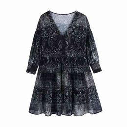 Vintage Women Boho Patchwork Print Dress Fashion Ladies V-Neck Chiffon Streetwear Female Chic Button Mini es 210427