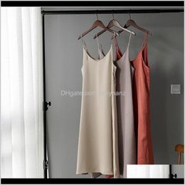 Womens Clothing Apparel Drop Delivery 2021 Summer Women Sleeveless Solid Casual Kneelength Vneck Spaghetti Strap Home Dresses Xn4Cs