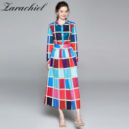Autumn Fashion Designer Holidays Maxi Women Sleeve HIgh Waist Vintage Color Block Plaid Long Pleated Dress 210416
