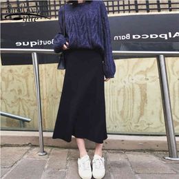 Winter Women Midi Skirts Korean Casual Ladies A-line Flare High Waist Solid Knitted Knit Thick Long Sweater Skirt 7443 50 210427