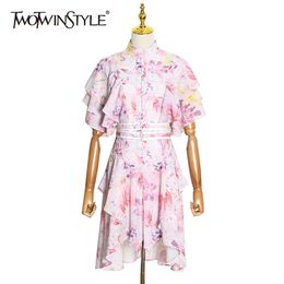 Patchwork Print Dress For Female Stand Collar Flare Sleeve High Waist Sashes Ruffle Dresses Women Fashion 210520
