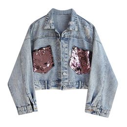 PERHAPS U Women Blue Denim Jacket Pocket Sequined Bling Hole Long Sleeves Jean Turn Down Collar Loose Frayed Vintage C0021 210529