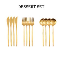 12pcs Matte Gold Stainless Steel Cutlery Dessert Set Spoons Knife Fork tableware Drink Ice Cream Utensils Afternoon Tea Kitchen 211112