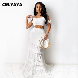 CM.YAYA Women Set Solid Short Sleeve Off Shoulder Crop Tops Lace Skinny Long Trumpet Skirts Two Piece Sets Vintage Outfit Summer 220302