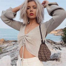 knitted lace up ruched cropped sweater pullover female long sleeve short casual jumper autumn winter v neck 210427