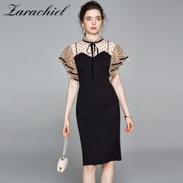 Women Summer Elegant Pencil Vintage Office Ruffles Sleeve Polka Dot Mesh Sheer Bow Female Cocktail Party Midi Dress 210416