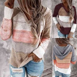 Autumn Women Patchwork Hooded Sweater Long Sleeve V-neck Knitted Casual Striped Pullover Jumpers Female Hoodies 210922