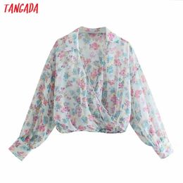 Women Retro Flowers Print Crop Long Sleeve Chic Female Beach Shirt Tops 5Z104 210416