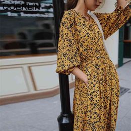 Puff Sleeve Chiffon Pleasted Dress Women Summer Holiday Beach Lace-Up Vestidos Loose Casual Flower Dresses Ladies XS-L 210601