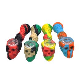 Skull Silicone Bubbler Hand Pipe with Glass Bowl Food Grade Smoking Pocket Multi Purpose Oil Burner