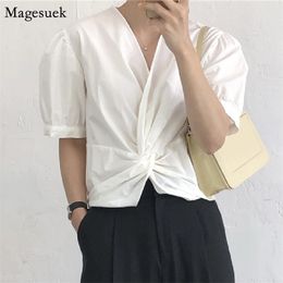 Korean Fashion Summer Puff Short Sleeved Shirt Women Tops V Neck Solid Cross Woman Blouses Casual Loose Female Blouse 14092 210512