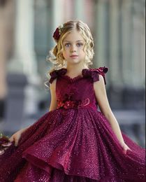 Girl's Dresses Shiny Glitter Pageant Purple Dress For Kids Ball Gown Tiered Handmade Flowers Formal Flower Girl Wedding Vestidos