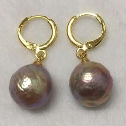 Natural 13-14MM HUGE baroque pearl earrings 18K gold plating chic aurora AAA 