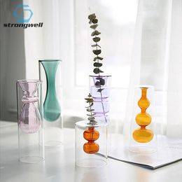 Strongwell Nordic Double-layer Stained Glass Vase Hydroponic Flower Vase Home Decoration Home Desktop Decoration Ornaments 210409