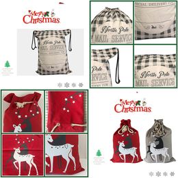 Christmas Gift Bag Black White Plaid Drawstring Pocket Elk Santa Sack Xmas Eve Candy Apple Bags Festival Decoration