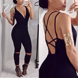 Women's Jumpsuits & Rompers Womens Sexy V Neck Sleeveless Backless Bandage Crosses Front Hollow Knee Cut Stretchy Bodycon Evening Party Long