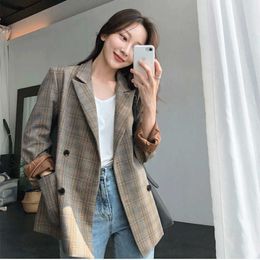 Women's jacket suit Double-breasted vintage casual Cheque ladies blazer autumn high quality office female 210527