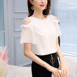 Elegant Off Shoulder Chiffon Shirt Ruffles Flare Sleeve White Black Red Women Blouse Summer Womens Tops and Blouses Korean Style 210507