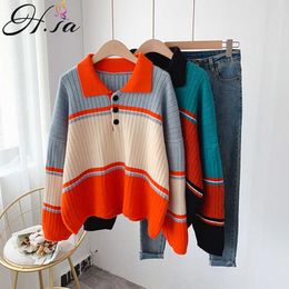 H.SA Women Jumpers Turn Down Collar Casual Knitwear Pullovers Casual Striped Patchwork Pull Femme Hiver Orange Polo Sweater 210716