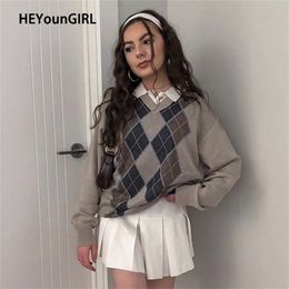 HEYounGIRL Preppy Style Vintage V Neck Sweater Women Autumn Casual Argyle Plaid Jumper Female Korean Fashion Pullover Winter 210914