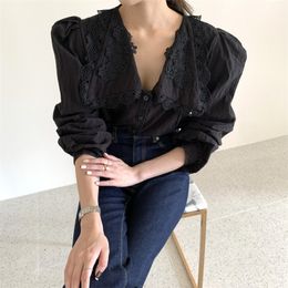 Black Elegance Chic Vintage Stylish Women Brief V-Neck Sexy Streetwear Lace Full Sleeves Shirts All Match Blouses 210421
