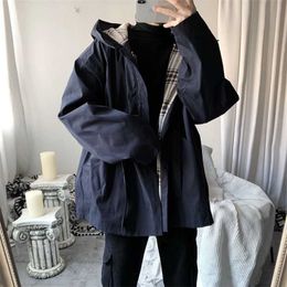 spring autumn hooded jacket Korean loose trend vintage Hong Kong style plaid handsome windbreaker preppy hip hop 211126