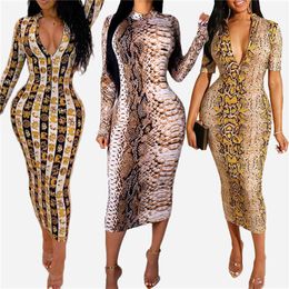 Women print Bodycon Dress long Sleeve O Neck Office Ladies Casual Midi Dresses streetwear ropa mujer drop 210520