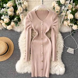 Women Elastic Knitted Dress Design V Neck Puff Sleeve Solid Slim Pencil Dresses Autumn Sexy Bodycon Short Sweater Dress 210419