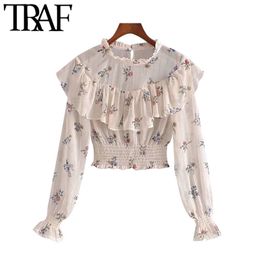 TRAF Women Fashion Floral Print Ruffled Cropped Blouses Vintage Long Sleeve Smocked Hem Female Shirts Blusas Chic Tops 210415