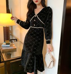 Office Lady V Neck Lantern Sleeve Patchwork Black Pencil Women Spring Elegant Sexy OL Mermaid Sheath Velvet Dresses 210514