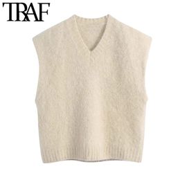 TRAF Women Fashion Loose Soft Touch Knitted Vest Sweater Vintage V Neck Sleeveless Female Waistcoat Chic Tops 210415