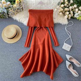 Women Winter Sweater Dress Off-shoulder Oversized Basic Knit Midi Party Vestidos Chic Warm Knitted Irregular Dresses 210419