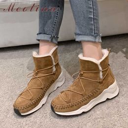 Meotina Cow Suede Platform Wedge Heels Snow Boots Women Ankle Boots Shoes Real Wool Ful Mid Heel Short Boots Winter Brown 40 210608