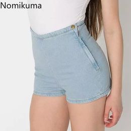 Nomikuma High Waist Short Denim Pants Women Solid Colour Stretch Jeans Slim Fit Side Zipper Shorts Streetwear Pantalones 210514