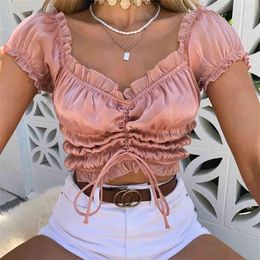 Foridol Ruffle Lace Up Blouses Tops Female Ruched Black Crop Backless Pink Women Beach Off Shoulder Blouse 210415