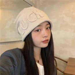 Winter Korean version of LUCK letter thick knitted women's autumn and winter warm big head circumference cold hat