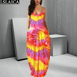 Ladies Clothes Tie Dye Gradient Diagonal Stripe Printed Deep V Neck Sling Dress Floor-Length Casual A-Line Women 210515