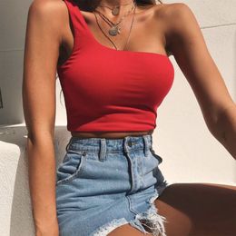 2020 Women One-Shoulder Crop Tops Ladies SleevelT-Shirt Tank Tops Summer Beach Vest Sexy camisole Fashion Clothes Female X0507