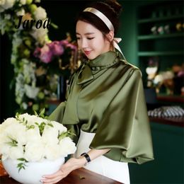 Spring Autumn Women Blouse Korean Office Lady White Chiffon Long Lantern Sleeve Bow Shirt Casual Loose Stand Collar 210519