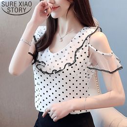 Fashion Women And Ladies Tops White Red Shirts Ruffles Chiffon Blouse Polka Dot V-Neck 3687 50 210415