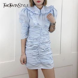 Blue Casual Dress For Women Peter Pan Collar Three Quarter Sleeve High Waist Ruched Slim Mini Dresses Female Spring 210520