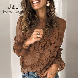 Jocoo Jolee Sexy O Neck Hollow Out Loose Blouses Women Elegant Lace Shirt Flare Long Sleeve Solid Tops Plus Size Autumn Clothing 210518