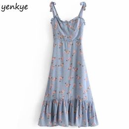 Summer Dress Women Prairie Chic Floral Print Lady Sexy Sleeveless Ruffle A-line Sling Long 210514