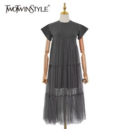 Patchwork Mesh Perspective Dress For Women O Neck Short Sleeve Casual Female Dresses Spring Fashion 210520