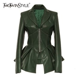 PU Leather Patchwork Zipper Jacket For Women Lapel Long Sleeve Casual Elegant Jackets Female Fashionable 210524