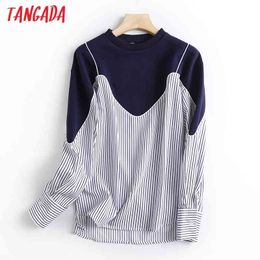 Women Fashion Striped Print Patchwork Sweatshirts Long Sleeve O Neck Loose Pullovers Female Tops 5S5 210416