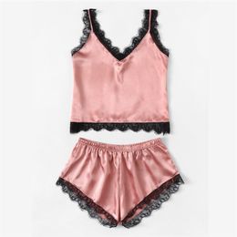 Summer Sleepwear Sexy Satin Pyjamas Set Lace Cami Tops and Shorts Sleeveless Nightwear for Women 210330